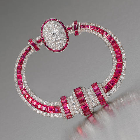 Art deco ruby and diamond brooch